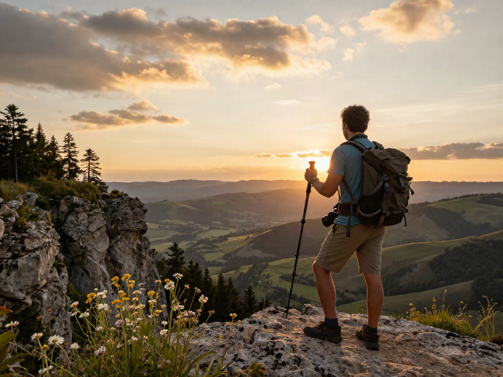 Traveler taking photos at a sunset viewpoint, embodying the spirit of adventure and exploration with hargatoto.