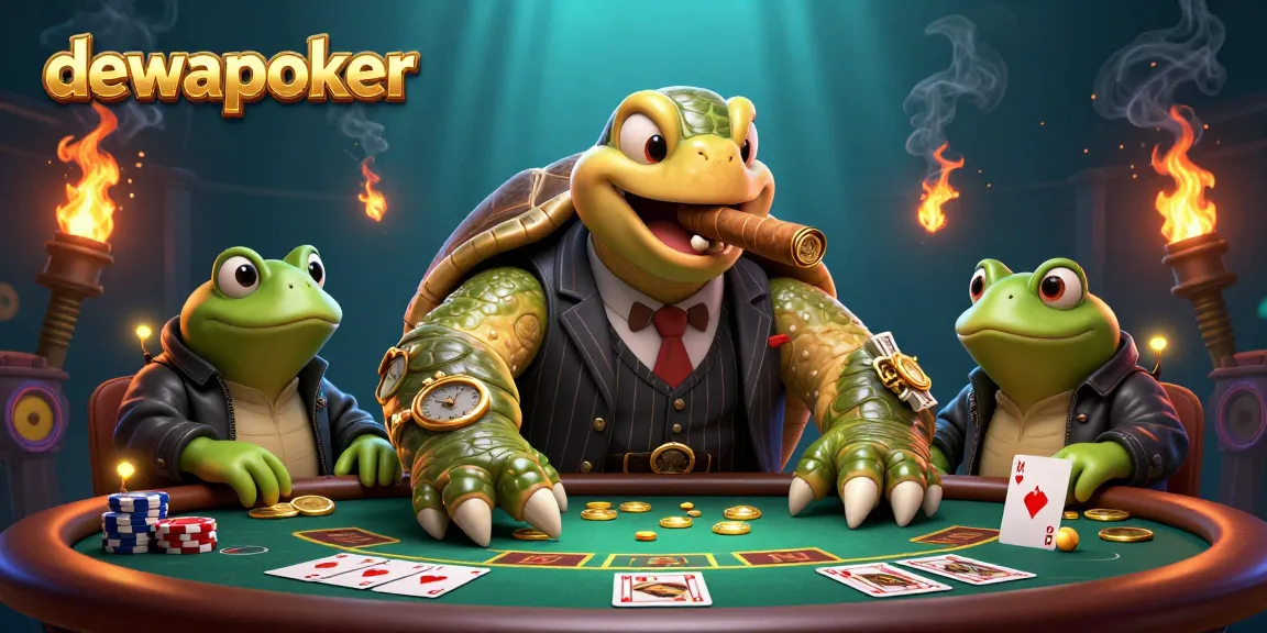 Dewapoker action scene featuring a snapping turtle in a mobster suit surrounded by poker elements