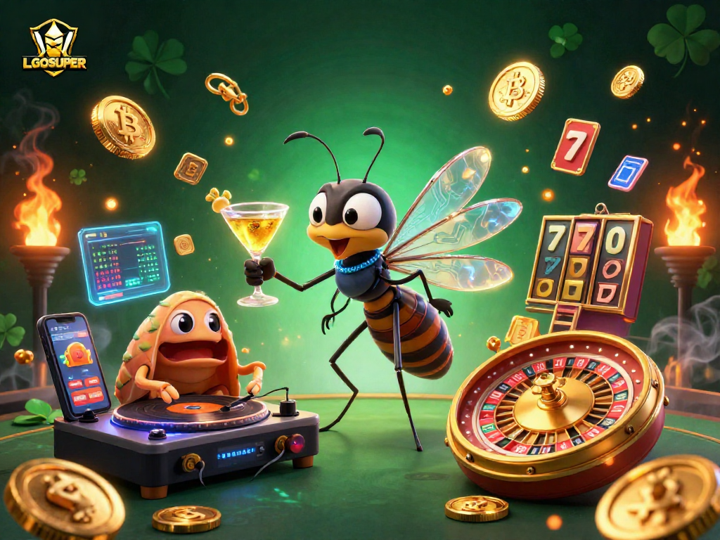 Engaging LGOSUPER scene with a frozen-in-amber mosquito and trilobite DJ in a vibrant casino setting.
