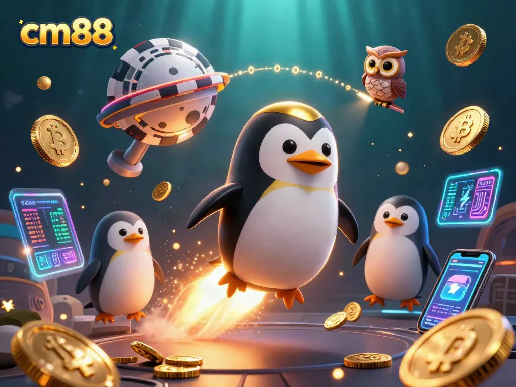 Experience the thrill of cm88 as the golden penguin races to a casino space station, surrounded by vibrant crypto elements.
