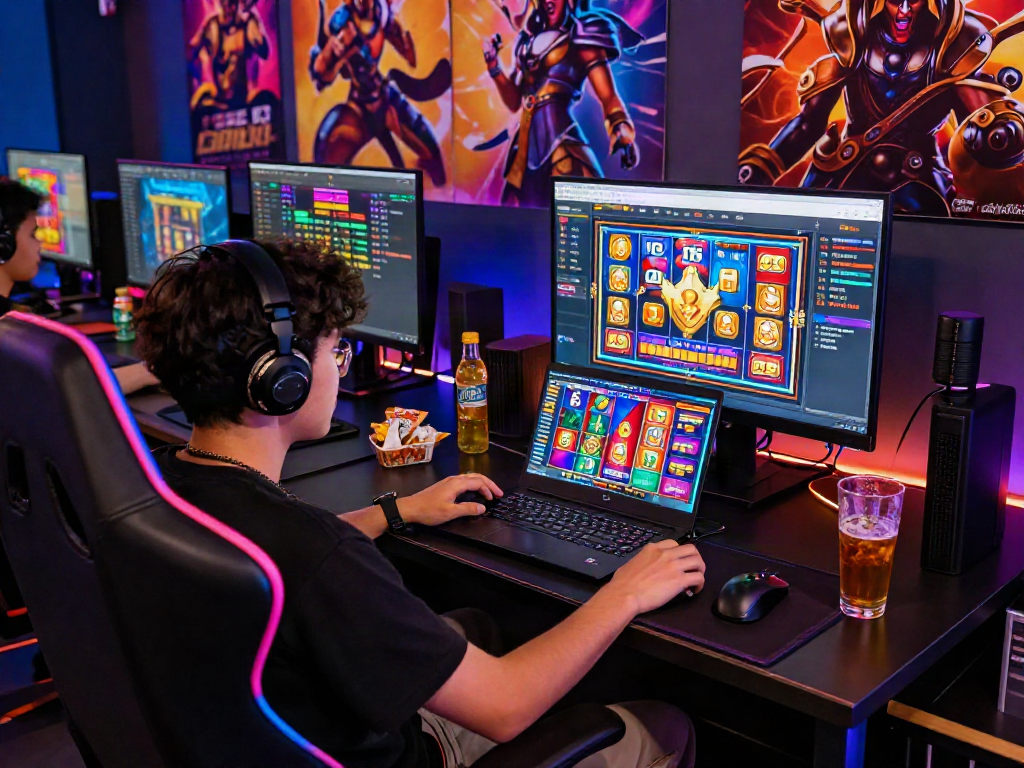 Player enjoying bandar slot games on a laptop in an engaging gaming environment.