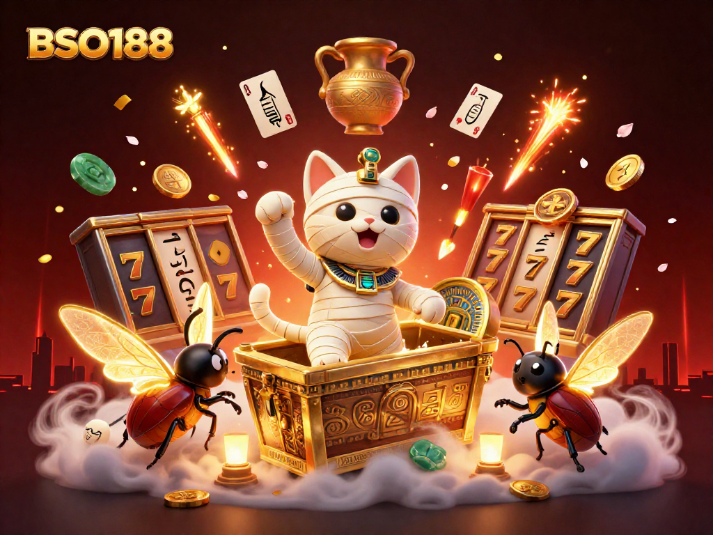 Experience thrilling slots action as BSO188 comes alive with an Egyptian mummy cat in a splendid casino