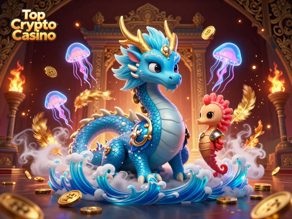 Engage with the Top Crypto Casino scene featuring a water dragon, seahorse knight, and floating jellyfish.