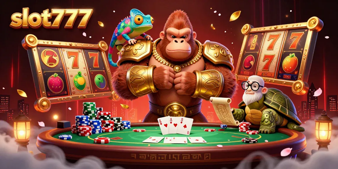 Jelajahi keseruan bermain slot777 dengan gorila raja angkuh, chameleon, dan kura-kura bijak dalam ilustrasi kasino.