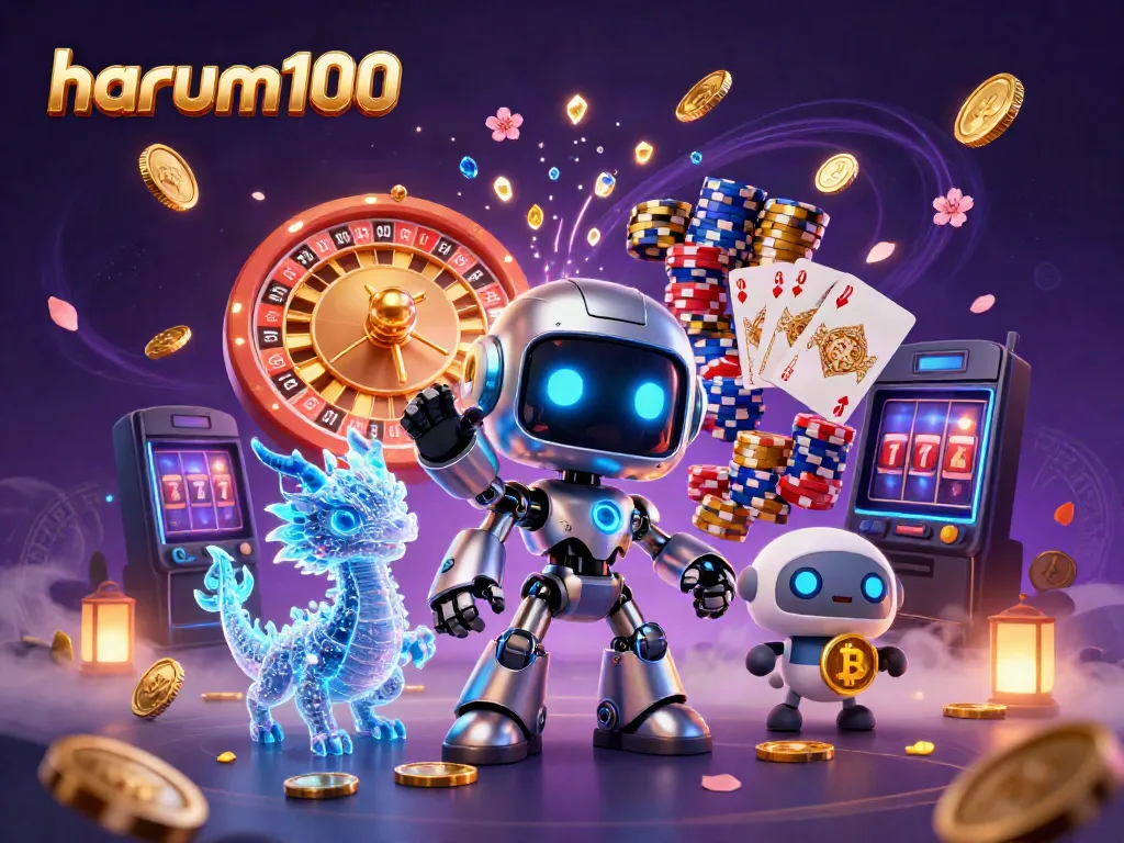 Harum100 bermain slot gacor dengan robot cyberpunk, koin emas, dan simbol bitcoin yang dinamis.