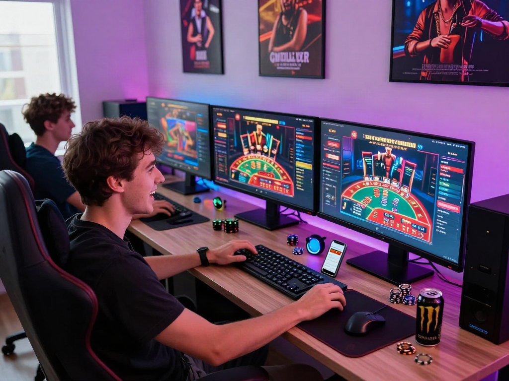 Exciting scene of a player engaged at credit card casinos online with immersive gaming setup.