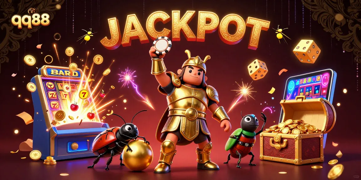 Experience excitement at qq88 with a heroic beetle celebrating a big jackpot win in a vibrant casino scene.