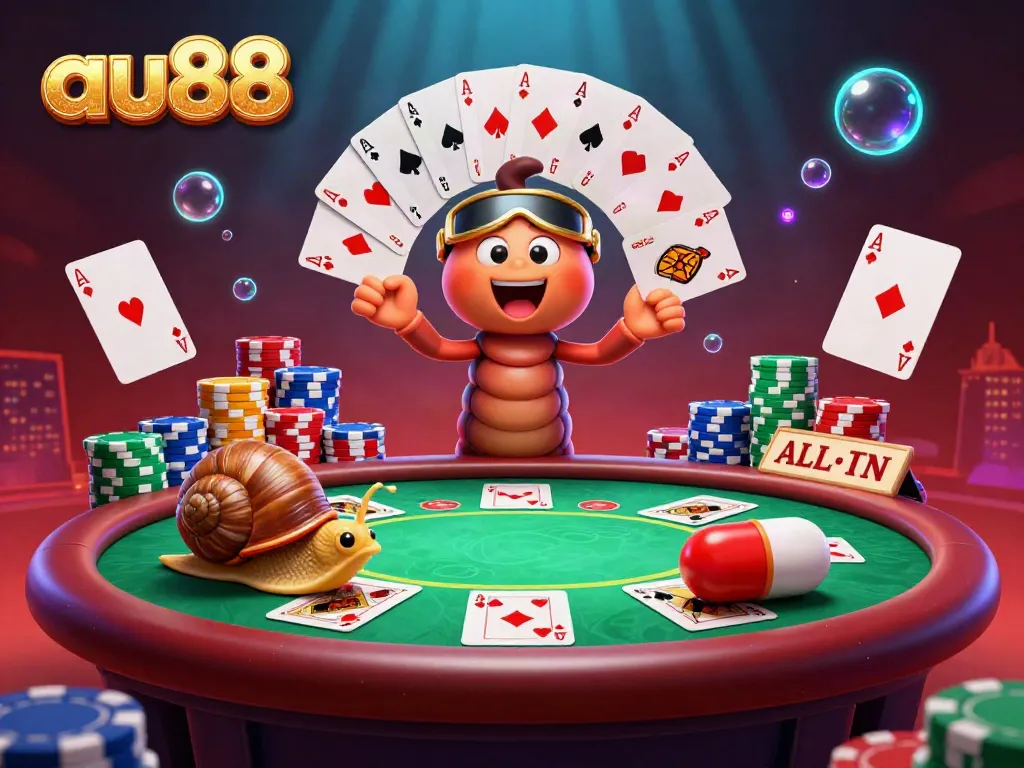 Experience an exciting poker game with au88 and a lively cartoon dealer managing vibrant chips and cards.