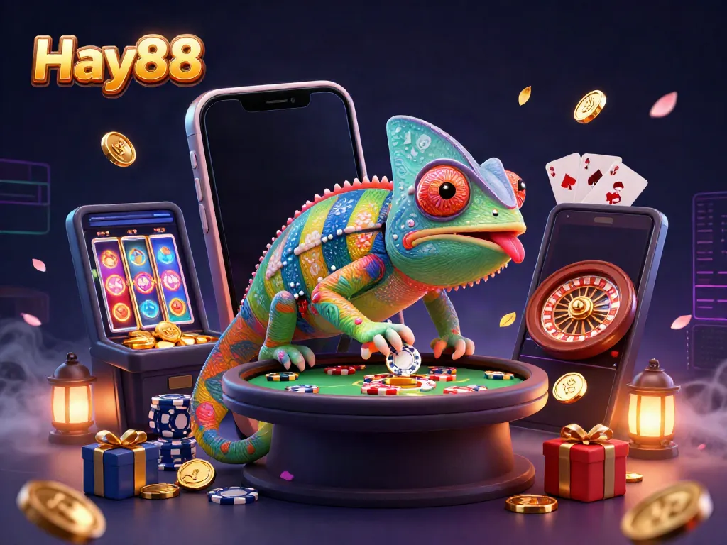 Hay88 casino scene featuring a colorful chameleon owner and dynamic game elements.