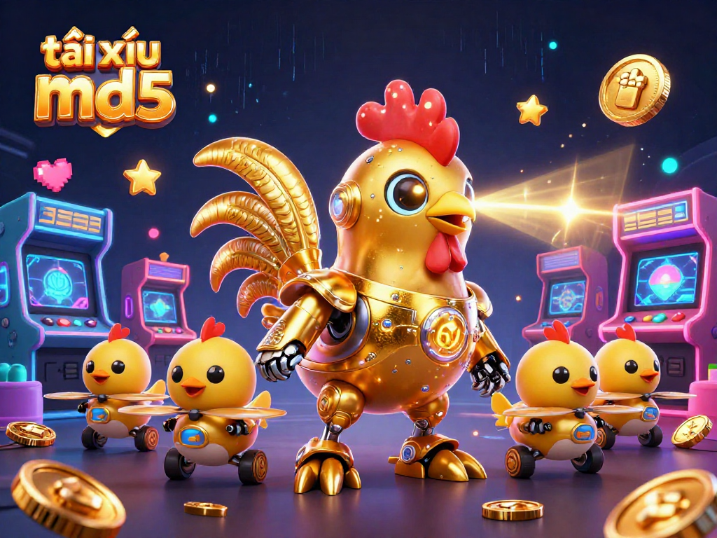 Play tài xỉu md5 with a dynamic scene featuring a golden rooster robot and gaming elements.
