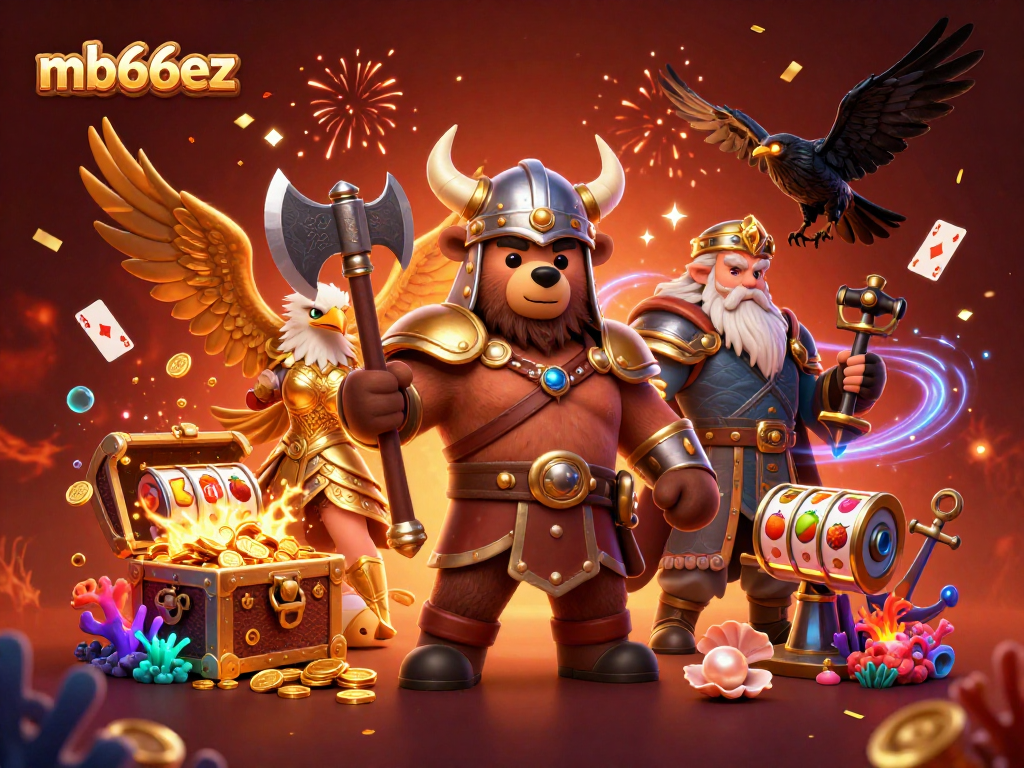 mb66ez showcases vibrant 3D casino characters amidst riches of gold, cards, and fun elements.