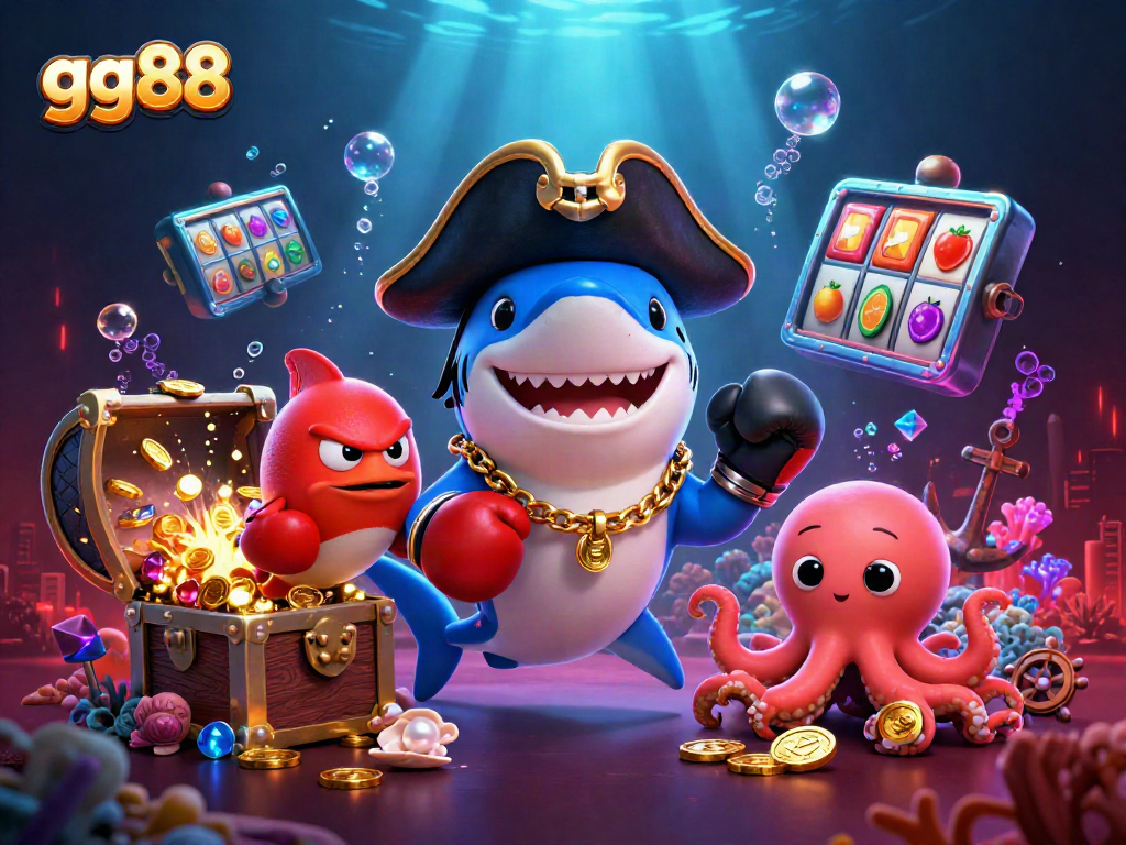 Engage with exciting slots and jackpots at gg88 in this vibrant underwater casino illustration.