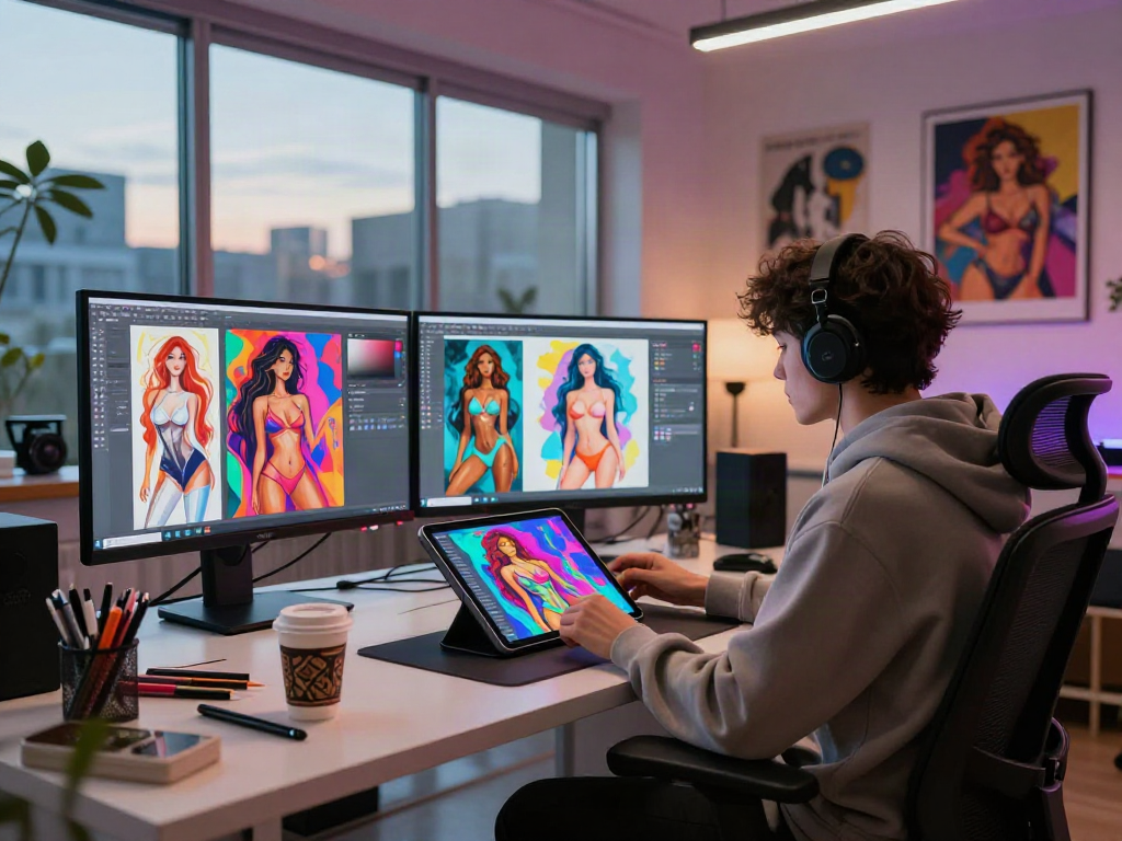 AI porn generator digital art studio scene showcasing creativity and innovation.