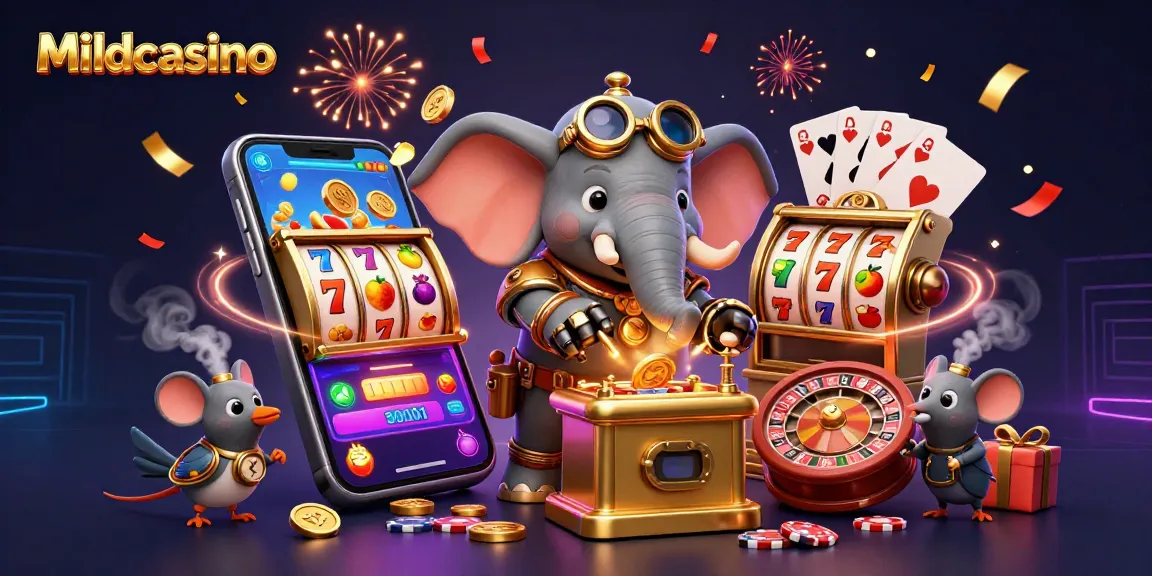 Mildcasino showcases a vibrant 3D steampunk scene with slot machines, golden coins, and festive elements.