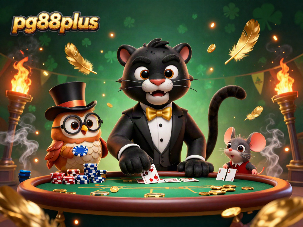 Engaging pg88plus characters dealing cards in a vibrant casino scene, showcasing rich gambling elements.