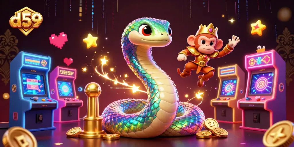 d59 guides players through an immersive gaming experience, featuring vibrant animated characters and casino elements.