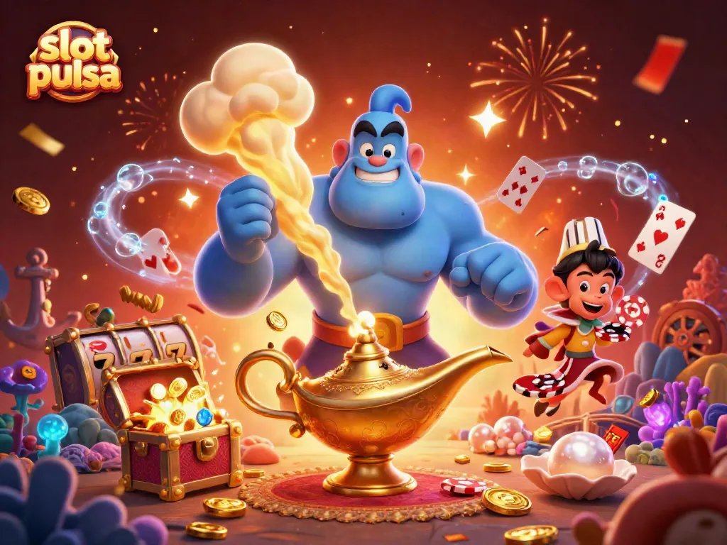 Experience thrilling gameplay with slot pulsa, featuring a vibrant genie and magical elements in an enchanting scene.