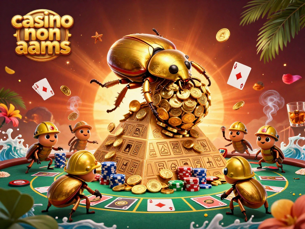 Scopri il miglior casino non AAMS con una rappresentazione dettagliata di un scarabeo d'oro che rotola monete d'oro, simboli del gioco e un ambiente vibrante.