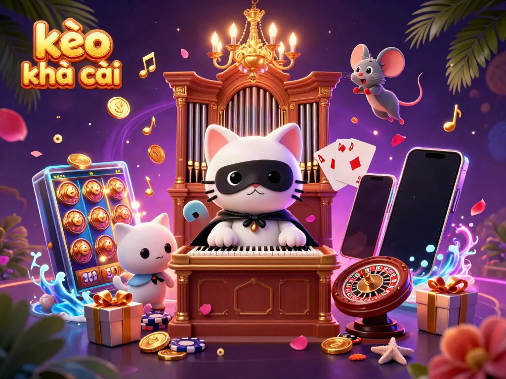 Engage with kèo nhà cái through a lively casino scene featuring a cat, acrobat, and dynamic gaming elements.