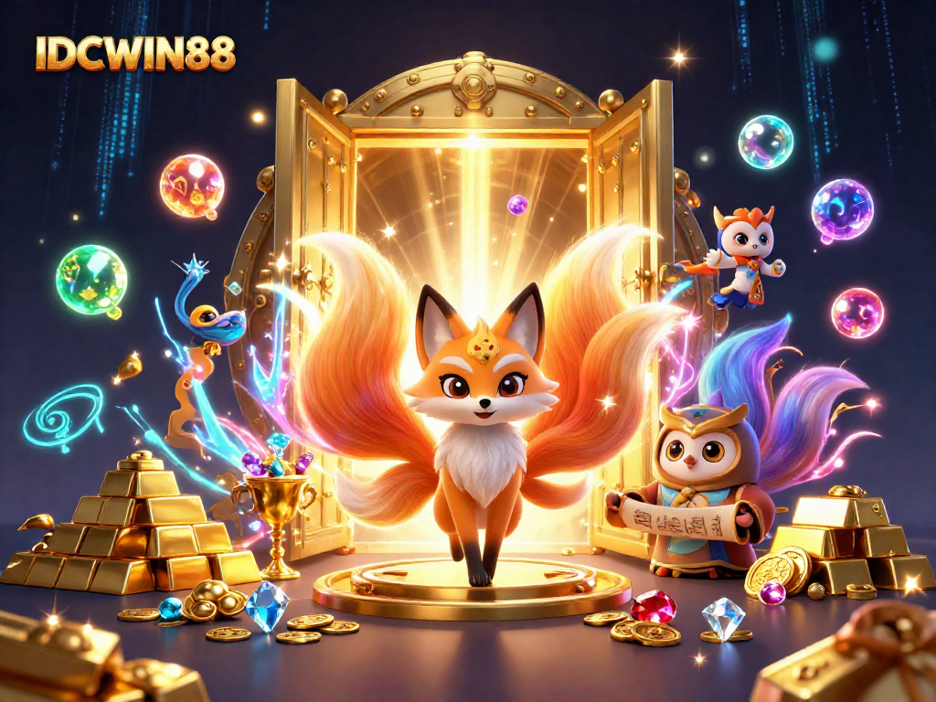 Experience thrilling gaming with IDCWIN88, featuring slots, casino magic, and vibrant characters.
