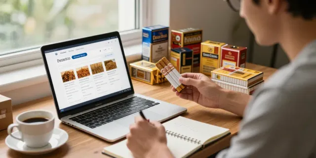 Buy cheap tobacco online Australia with a relaxed shopper browsing tobacco options at home.