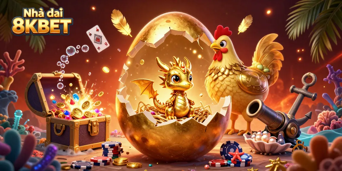 Win big at Nhà cái 8KBET, unveiling a magical dragon atop poker chips in a colorful casino scene.