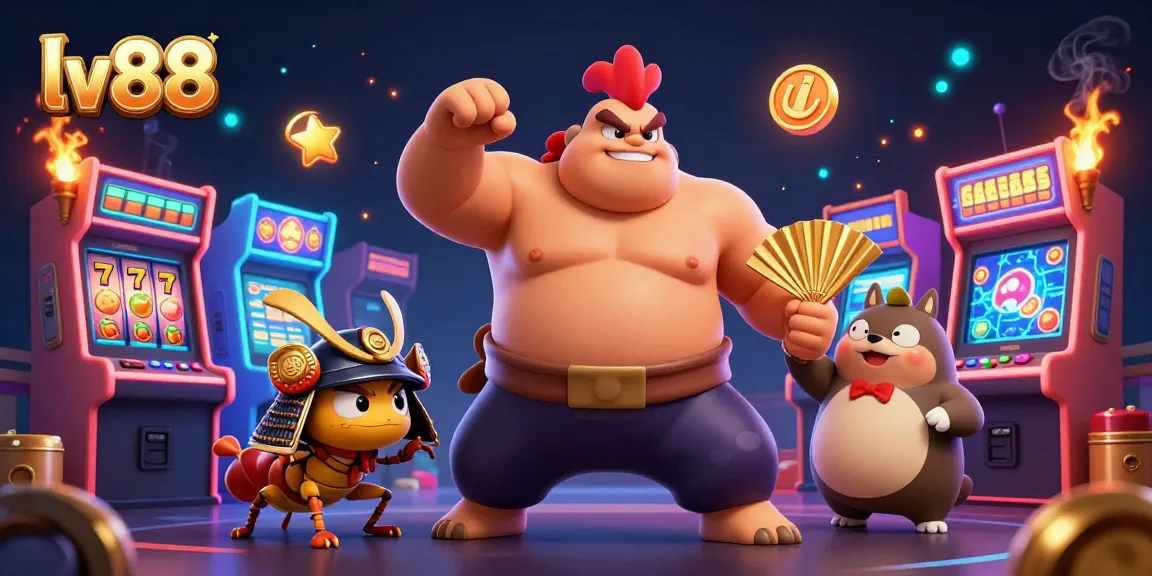 Experience the excitement of lv88 with a powerful sumo wrestler, fierce samurai cricket, and a tanuki announcer in a vibrant casino scene.
