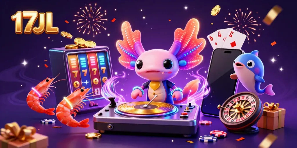 Experience the fun of 17JL with a vibrant 3D casino scene featuring an axolotl DJ spinning games.