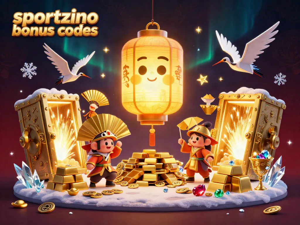 Claim sportzino bonus codes with a vibrant 3D illustration of casino elements and golden treasures.