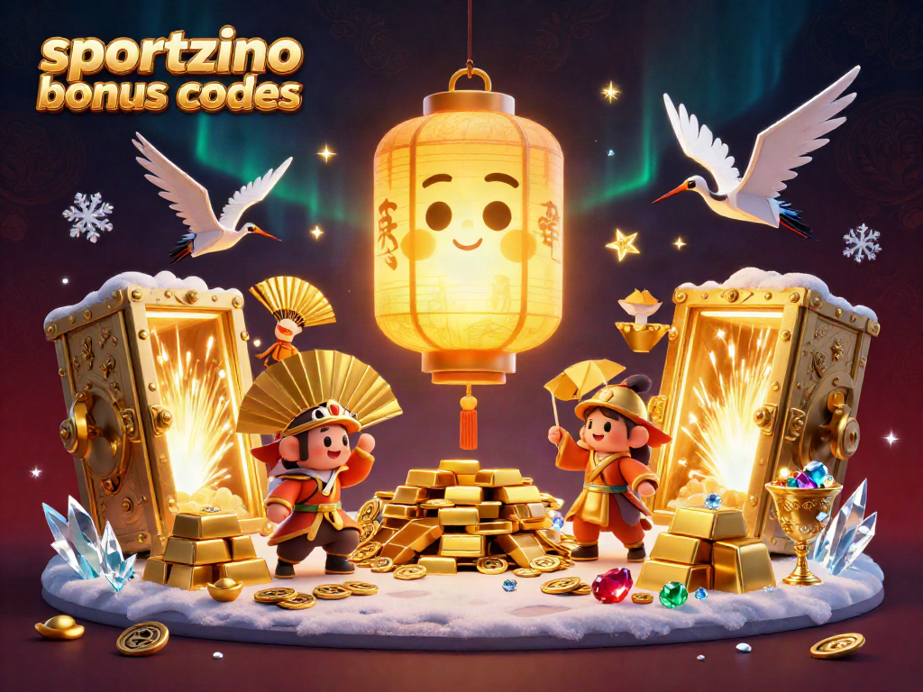 Claim sportzino bonus codes with a vibrant 3D illustration of casino elements and golden treasures.