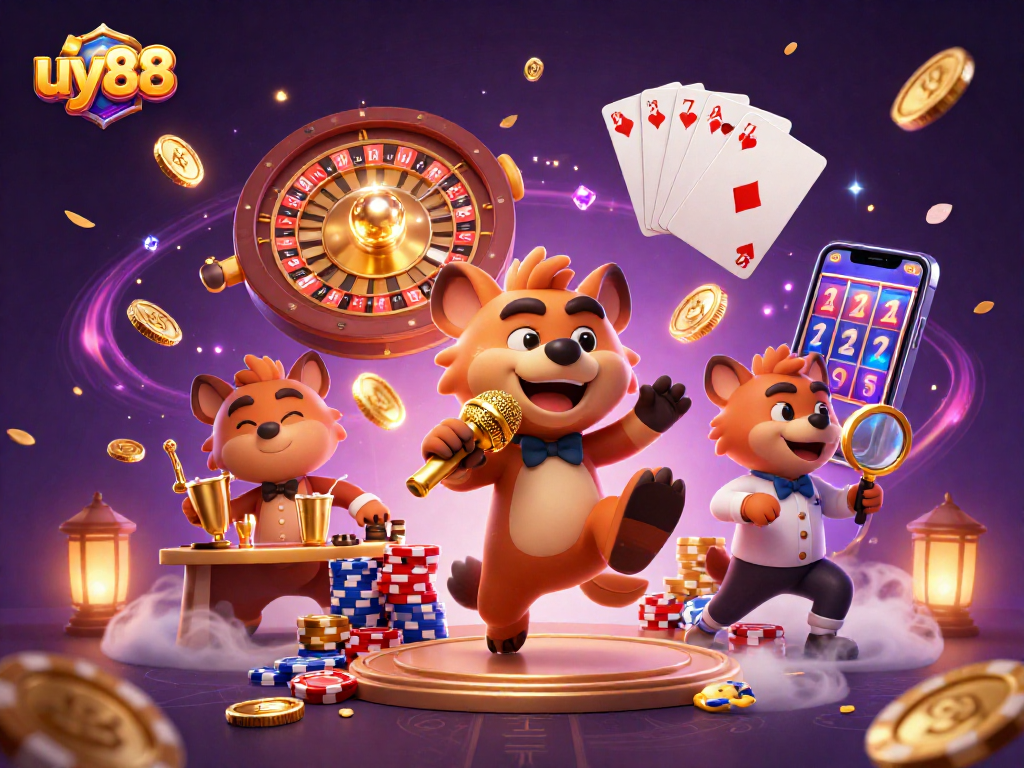 Join the excitement at uy88 with vibrant hyenas running a comedy casino club, featuring sparkling gems and golden coins.