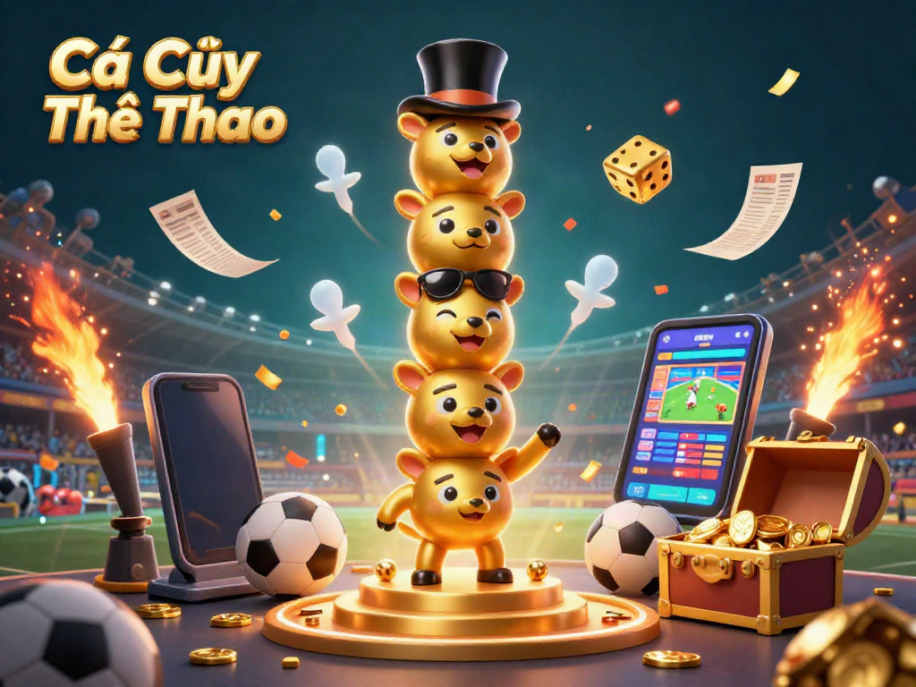Engage in Cá Cược Thể Thao with a lively 3D illustration showcasing vibrant sports betting elements and a golden totem pole.