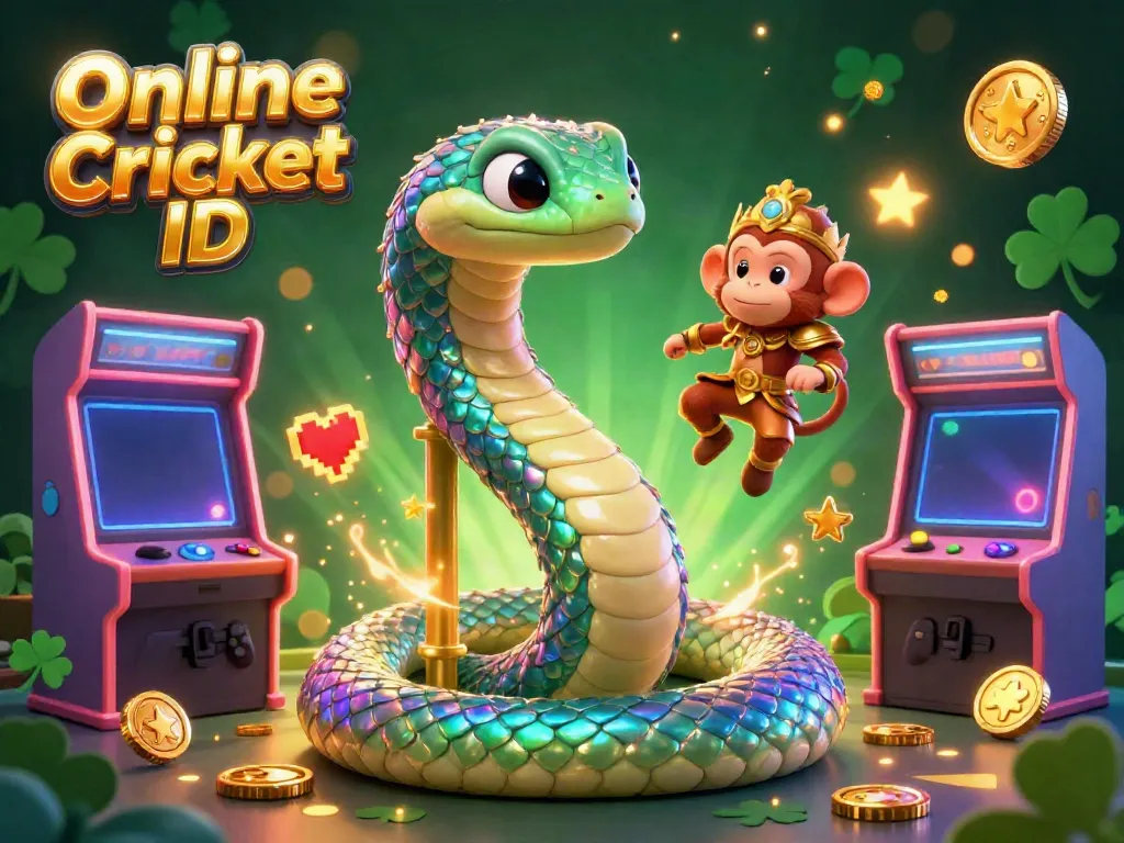 Engage with the Online Cricket ID through a vibrant 3D scene depicting fun gaming elements and colorful characters.