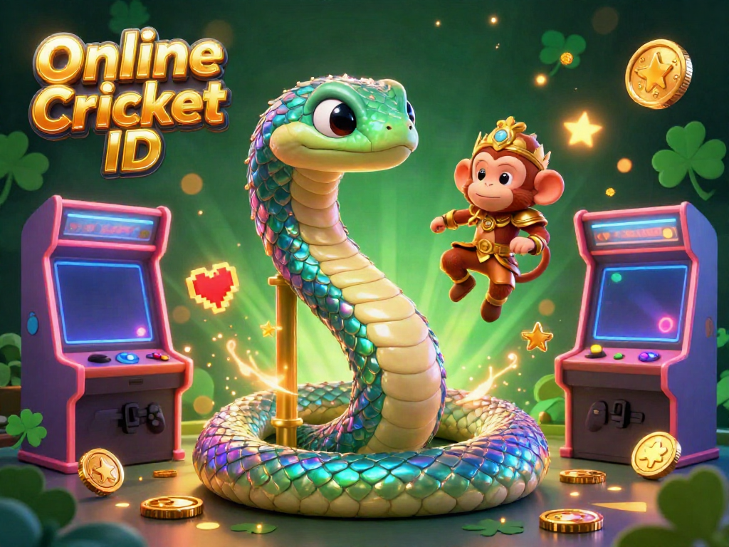 Engage with the Online Cricket ID through a vibrant 3D scene depicting fun gaming elements and colorful characters.