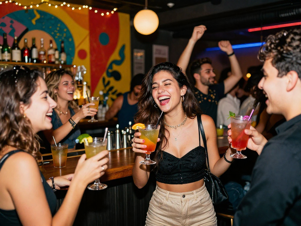 Gái gọi vui vẻ trong quán bar sôi động, ánh đèn lung linh, không khí tiệc tùng