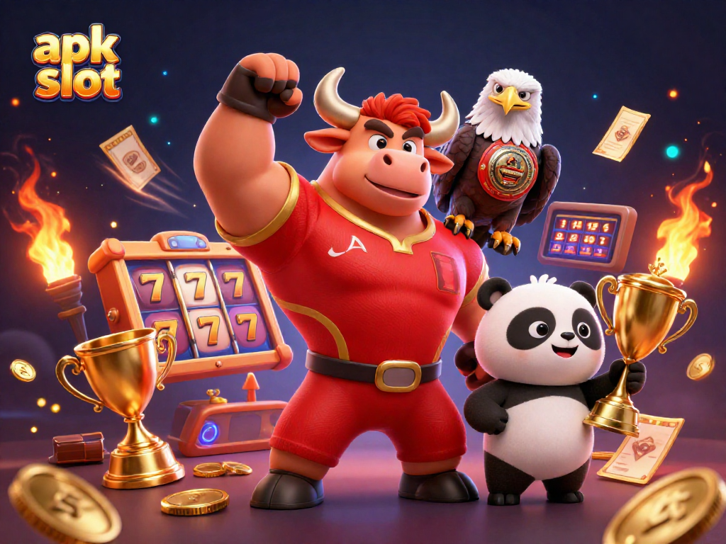 Memenangkan apk slot dengan karakter kartun 3D yang merayakan keberhasilan, mengelilingi elemen permainan yang dinamis.