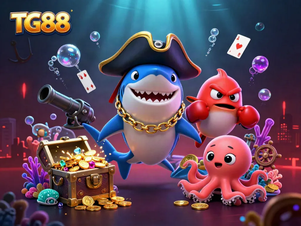 Experience thrilling underwater adventures with TG88 featuring a pirate shark, pufferfish, and octopus immersed in gold coins.