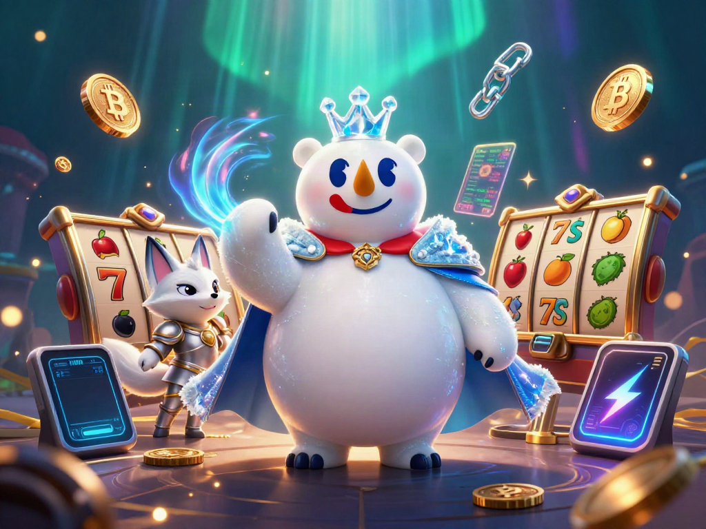 Engage with thrilling slot gameplay alongside a dazzling ice king and snow fox in a dynamic casino scene.