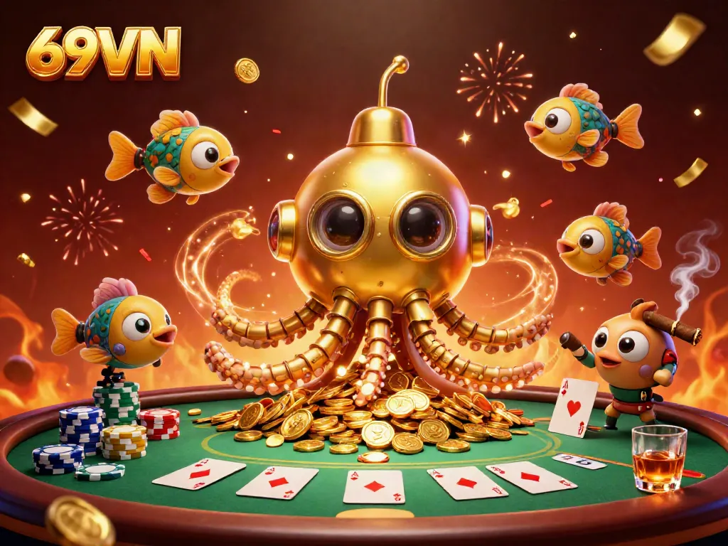 Experience the thrilling casino atmosphere at 69VN with vibrant mechanical creatures among casino elements.