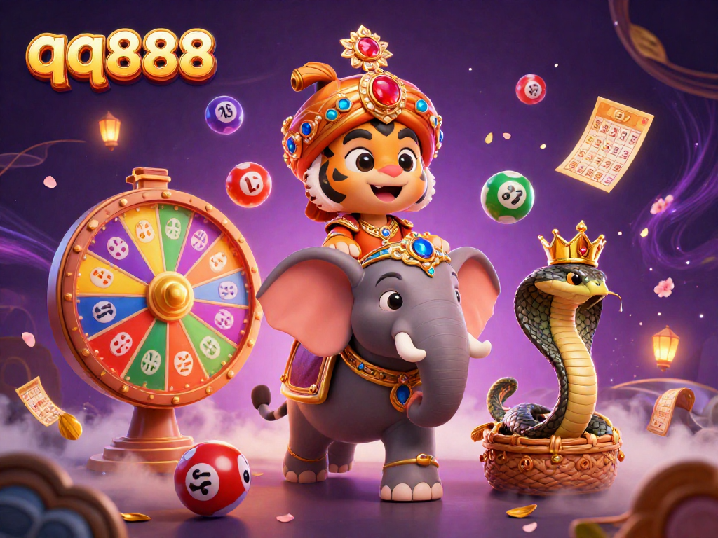 Engage with the qq888 gaming world—featuring a dynamic 3D scene of a maharaja tiger, elephant, and a cobra amid vibrant gaming elements.