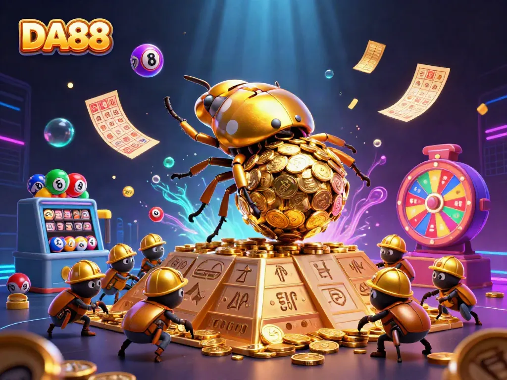Engage in lively gaming excitement at DA88 with animated lottery and bingo elements, showcasing vibrant casino culture.