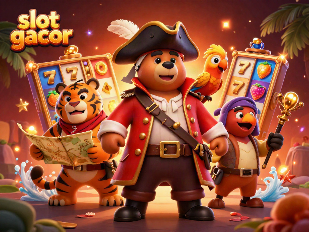 Experience the thrill of slot gacor with vibrant characters and rich casino elements in this lively 3D illustration.