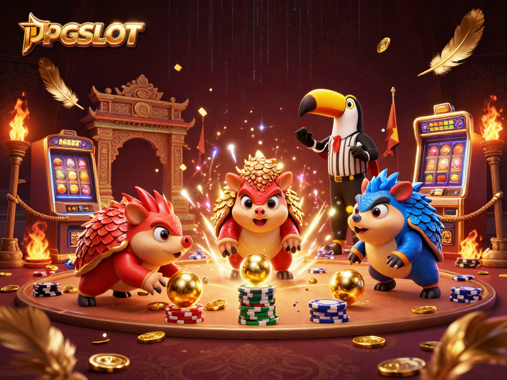 In a vibrant scene, rival pangolins compete in PGSLOT, surrounded by slot reels and poker chips.