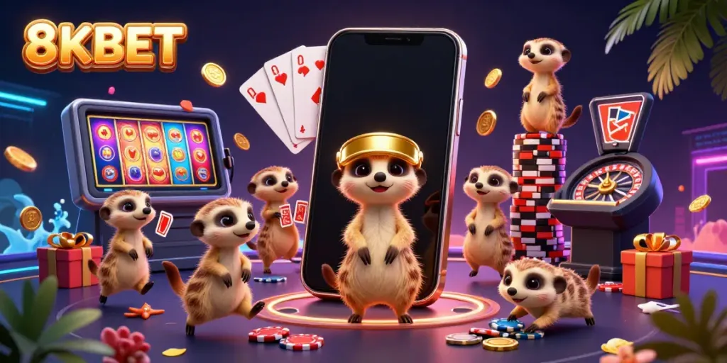 Experience thrilling gaming action at 8KBET with meerkats managing a bustling casino.