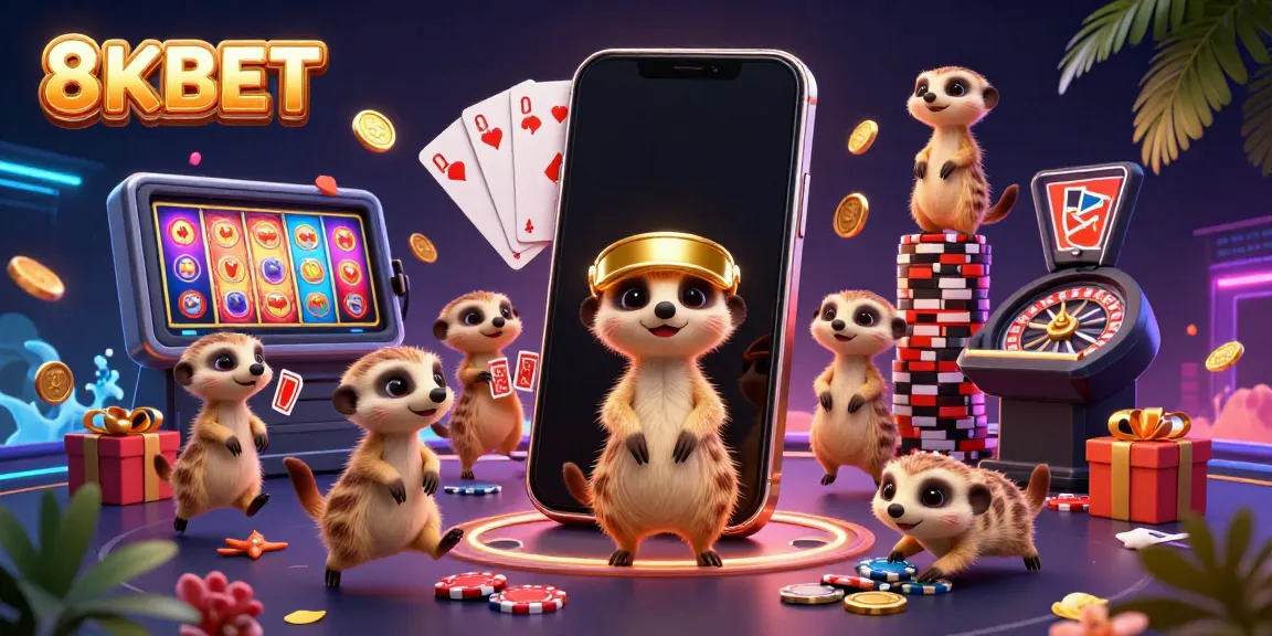 Experience thrilling gaming action at 8KBET with meerkats managing a bustling casino.