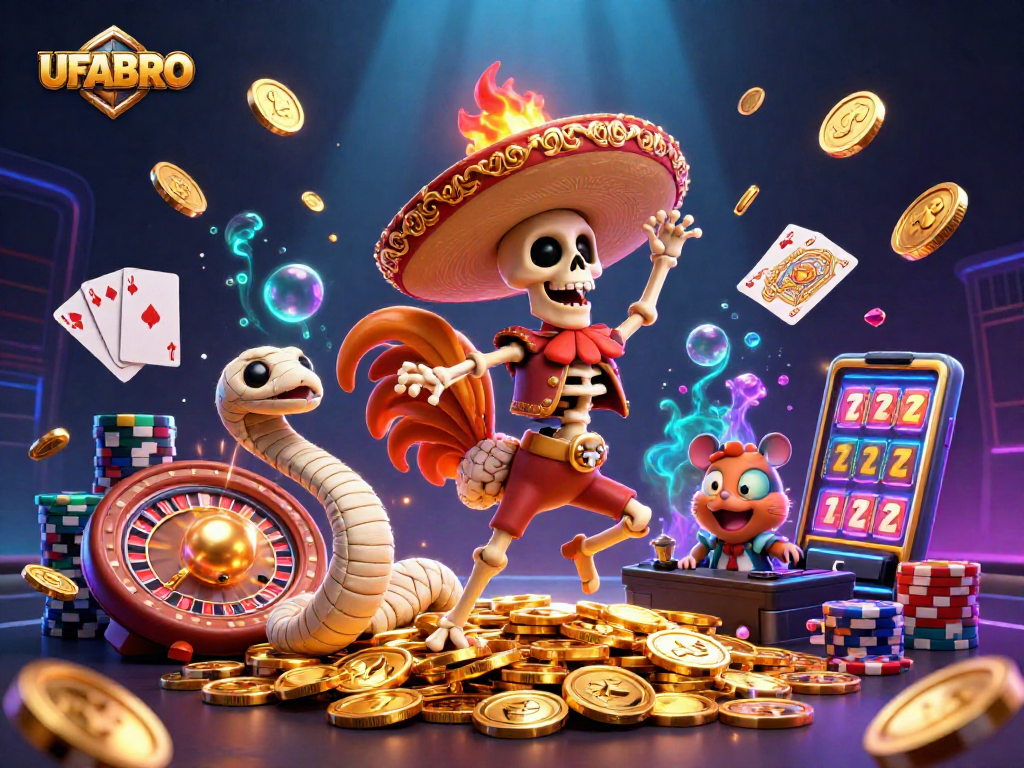 UFABRO platform showcases a festive 3D casino scene with lively characters and vibrant elements.