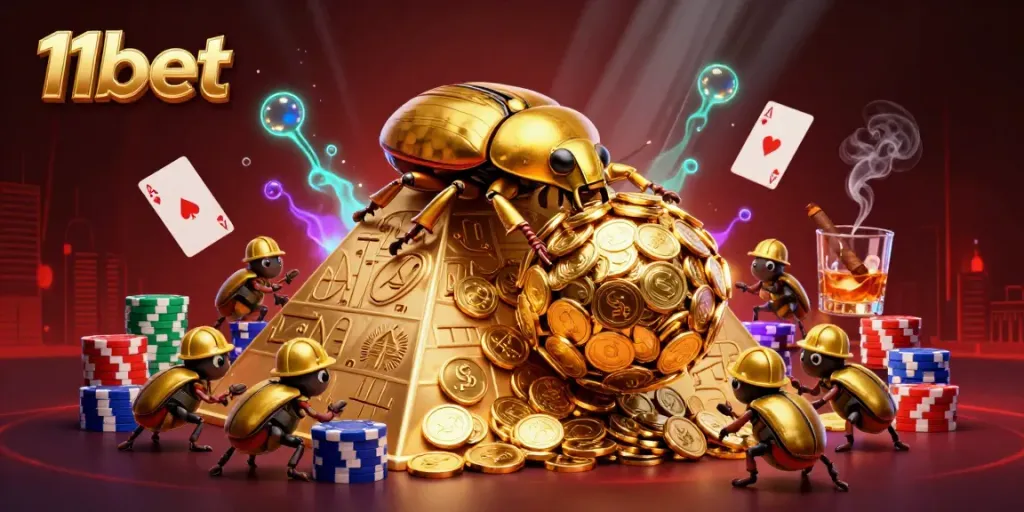 Engage with thrilling gameplay at 11bet featuring a golden beetle rolling coins with poker elements.