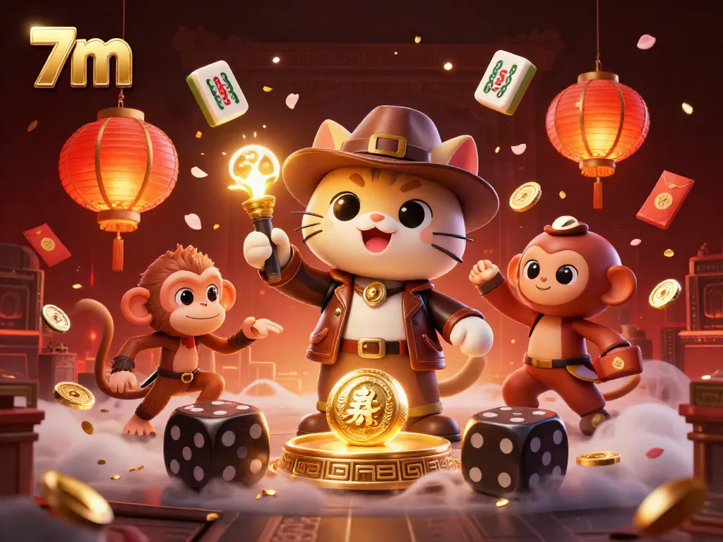 Experience thrilling moments with 7m as a cat explorer finds a golden casino artifact in a vibrant scene.