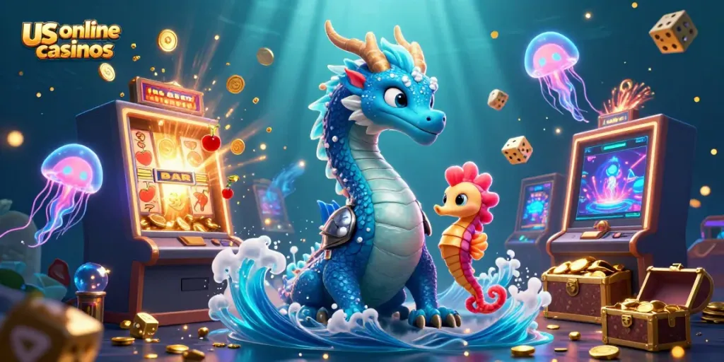 Engage with vibrant us online casinos featuring an azure dragon, coral knight, and jackpot-winning slot.