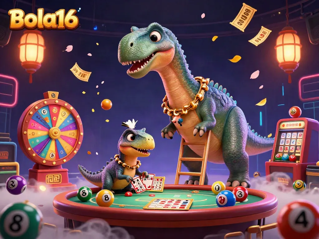 Experience high-stakes gambling with Bola16 in a fun, vibrant casino scene filled with lively characters and elements.